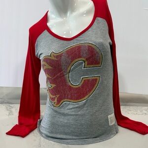 Grey & Red Graphic Raglan Top with Large 'Calgary Flame Logo